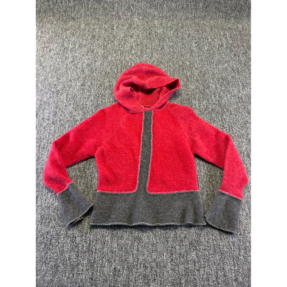 Boiled Wool Hoodie Women Large Red Grey Colorblock Pullover 100% Wool Raglan
